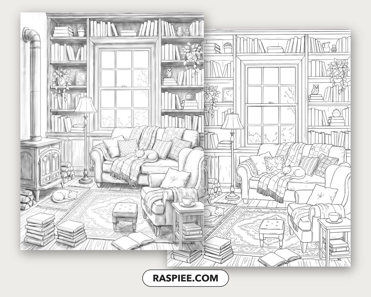 40 Cozy Bookshelves and Reading Nooks Grayscale and Line Art Coloring Pages