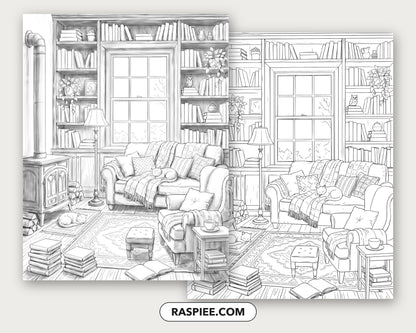 40 Cozy Bookshelves and Reading Nooks Grayscale and Line Art Coloring Pages