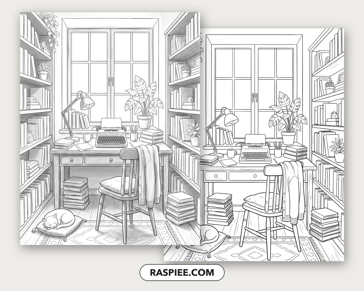 40 Cozy Bookshelves and Reading Nooks Grayscale and Line Art Coloring Pages