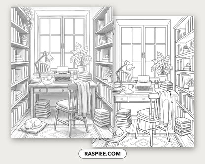 40 Cozy Bookshelves and Reading Nooks Grayscale and Line Art Coloring Pages