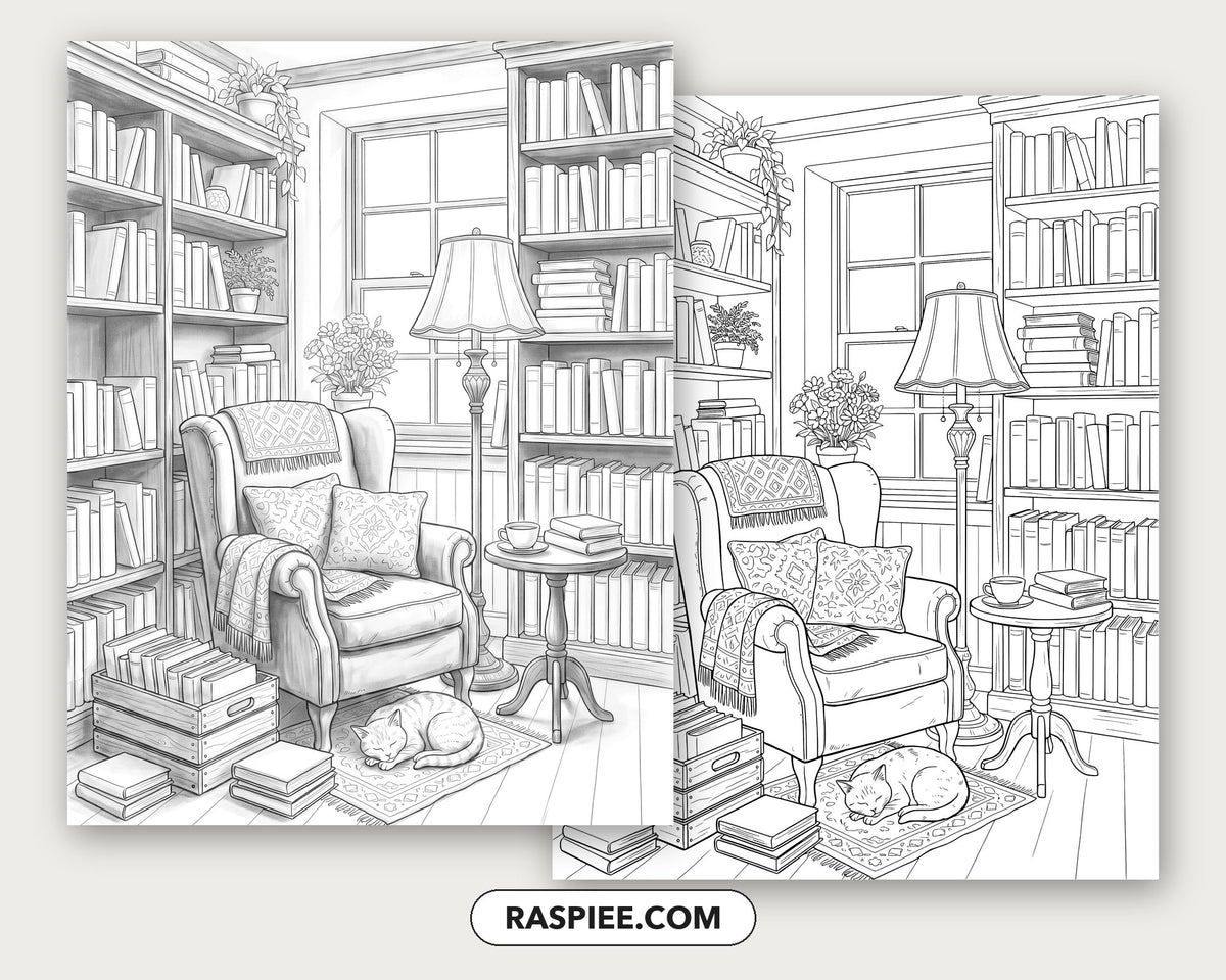 40 Cozy Bookshelves and Reading Nooks Grayscale and Line Art Coloring Pages