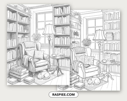 40 Cozy Bookshelves and Reading Nooks Grayscale and Line Art Coloring Pages