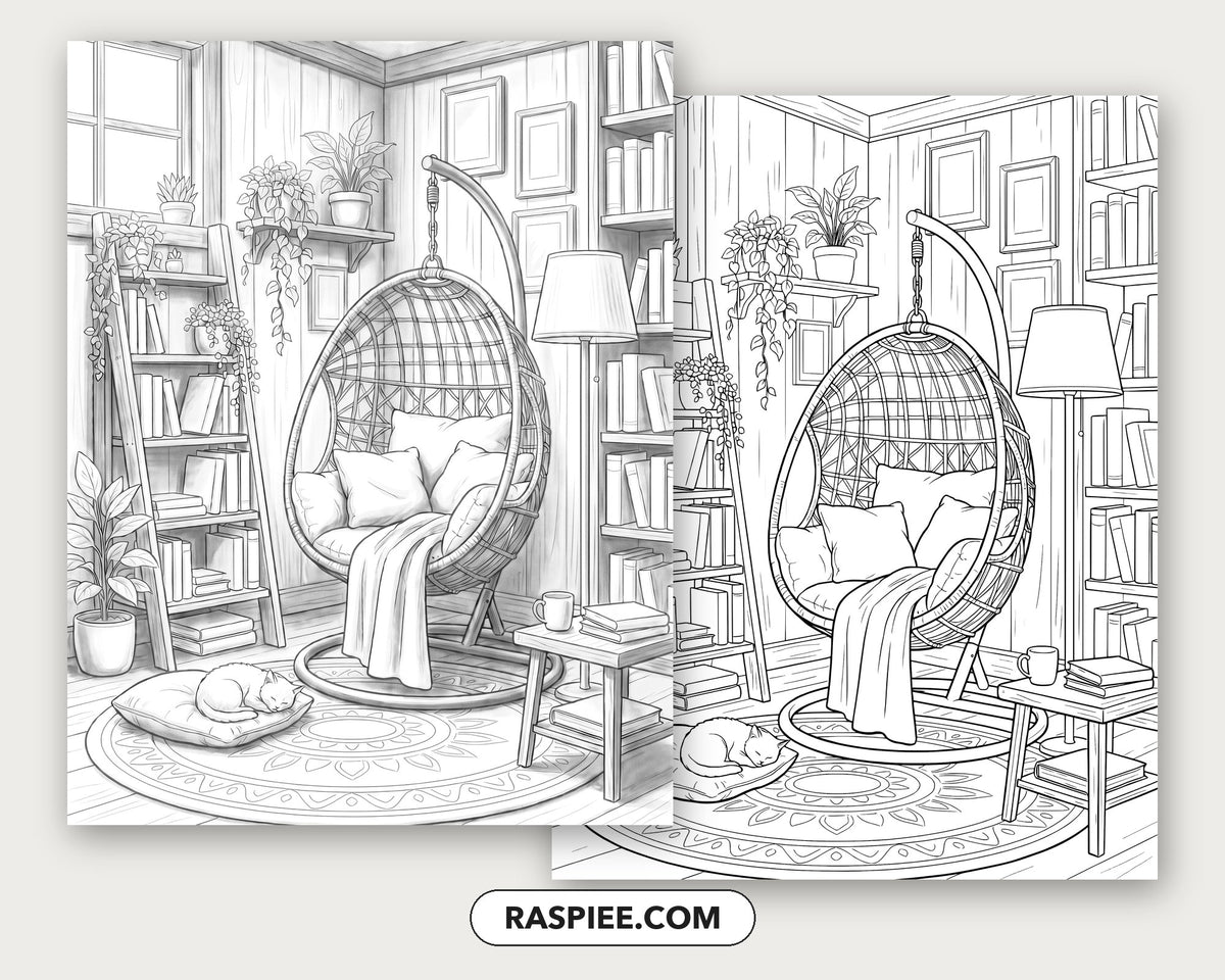 40 Cozy Bookshelves and Reading Nooks Grayscale and Line Art Coloring Pages