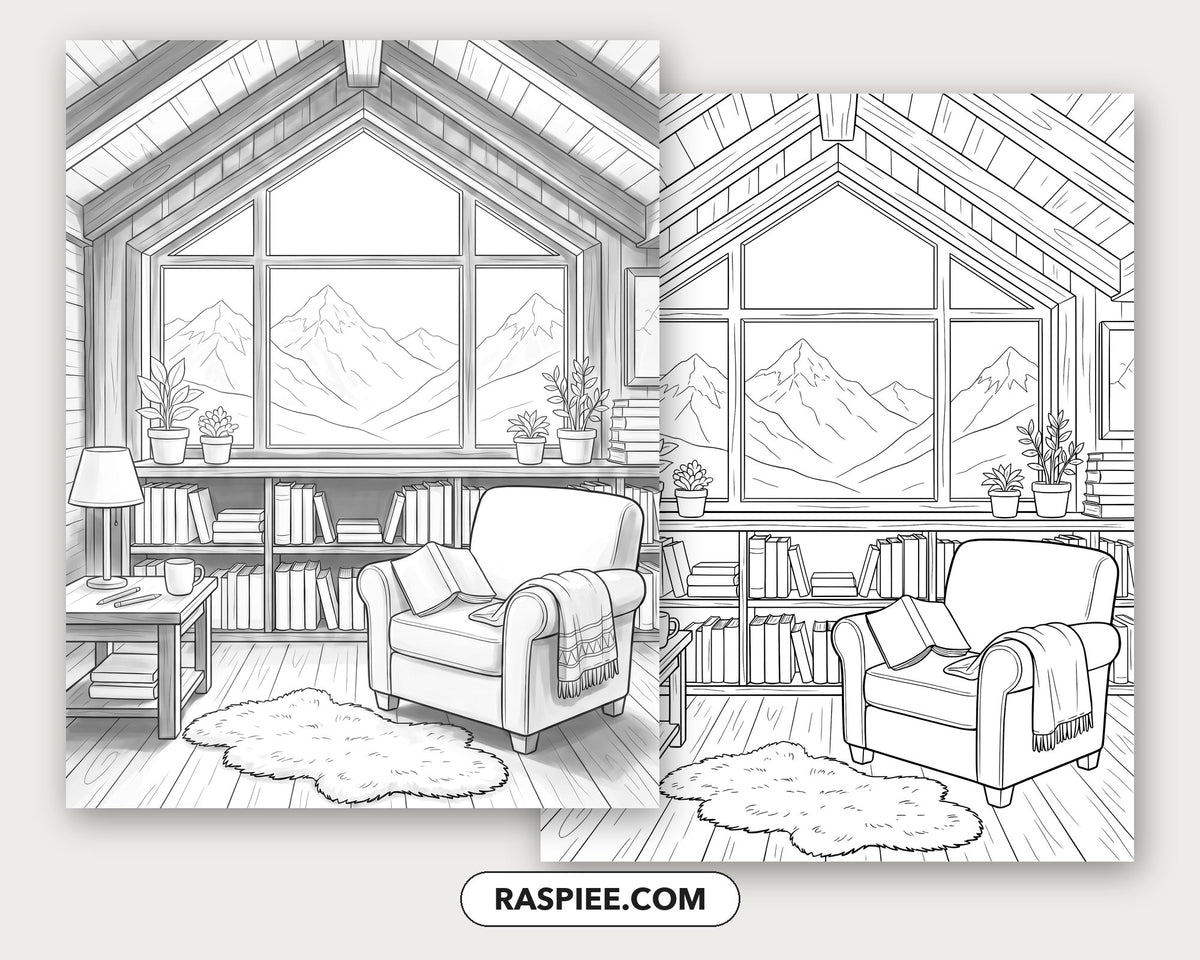 40 Cozy Bookshelves and Reading Nooks Grayscale and Line Art Coloring Pages