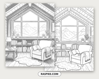 40 Cozy Bookshelves and Reading Nooks Grayscale and Line Art Coloring Pages