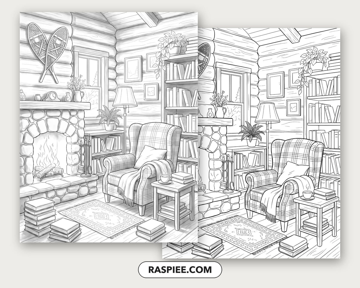 40 Cozy Bookshelves and Reading Nooks Grayscale and Line Art Coloring Pages
