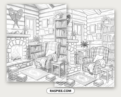 40 Cozy Bookshelves and Reading Nooks Grayscale and Line Art Coloring Pages