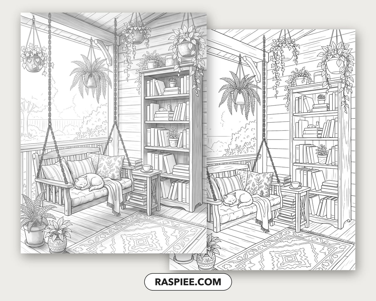 40 Cozy Bookshelves and Reading Nooks Grayscale and Line Art Coloring Pages