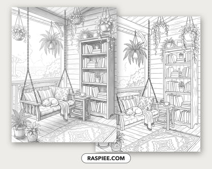 40 Cozy Bookshelves and Reading Nooks Grayscale and Line Art Coloring Pages
