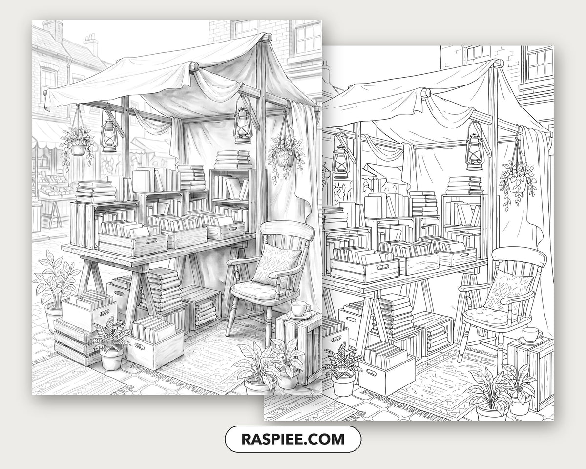 40 Cozy Bookshelves and Reading Nooks Grayscale and Line Art Coloring Pages