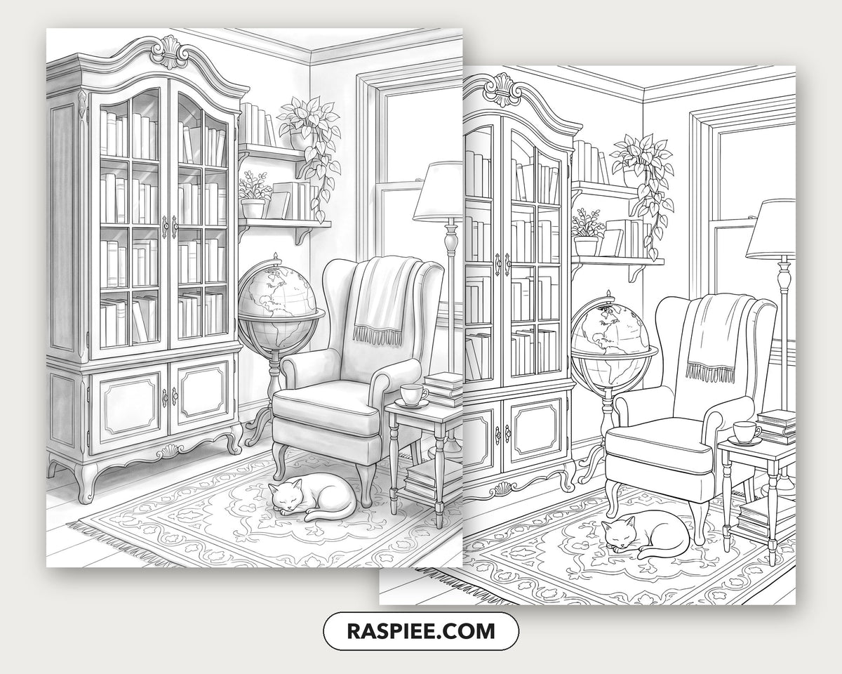 40 Cozy Bookshelves and Reading Nooks Grayscale and Line Art Coloring Pages