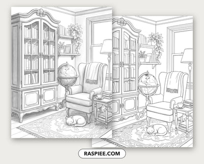 40 Cozy Bookshelves and Reading Nooks Grayscale and Line Art Coloring Pages