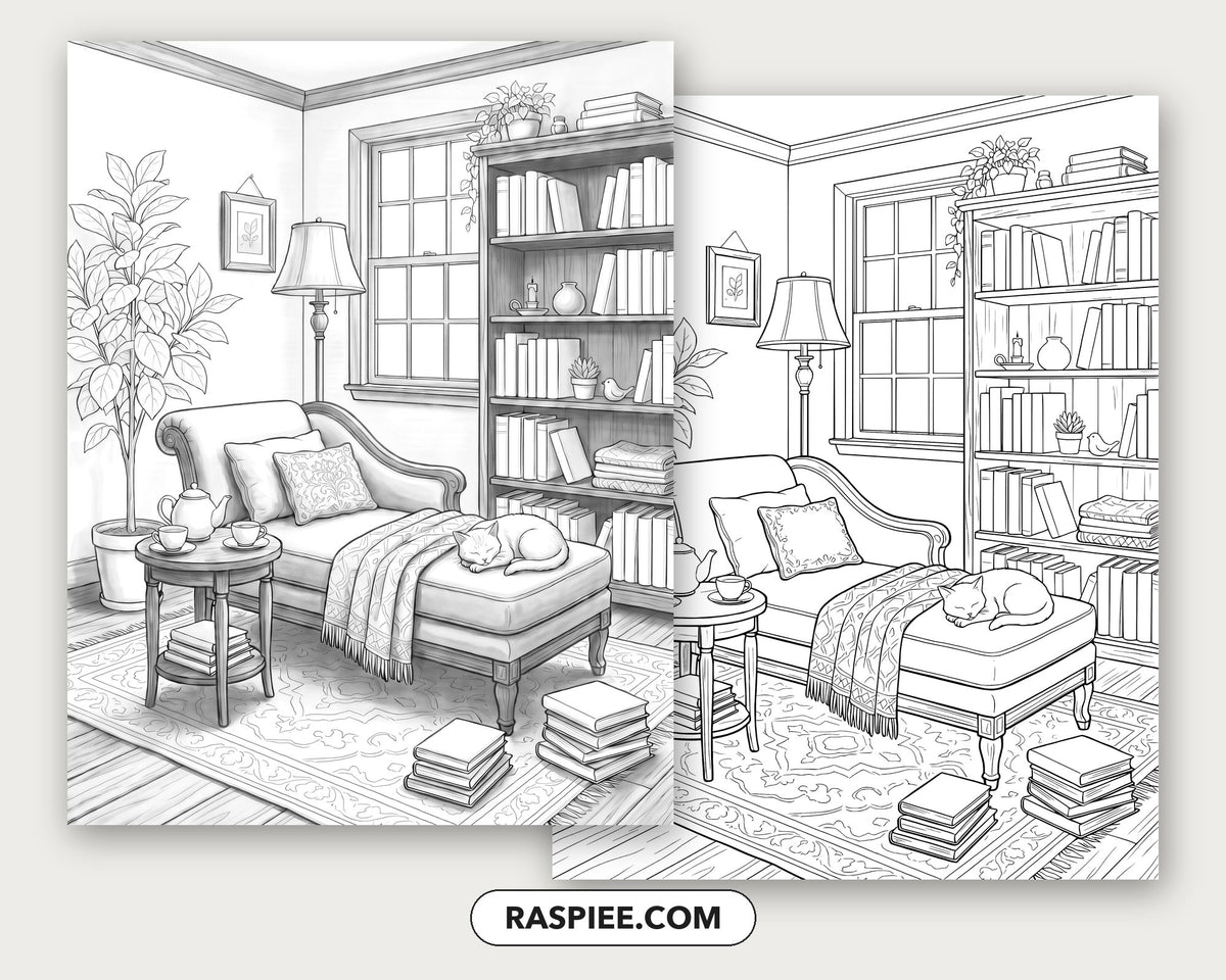 40 Cozy Bookshelves and Reading Nooks Grayscale and Line Art Coloring Pages