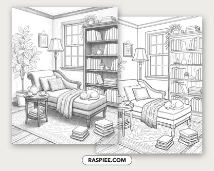 40 Cozy Bookshelves and Reading Nooks Grayscale and Line Art Coloring Pages