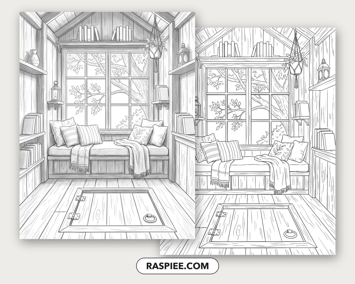 40 Cozy Bookshelves and Reading Nooks Grayscale and Line Art Coloring Pages