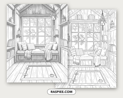 40 Cozy Bookshelves and Reading Nooks Grayscale and Line Art Coloring Pages