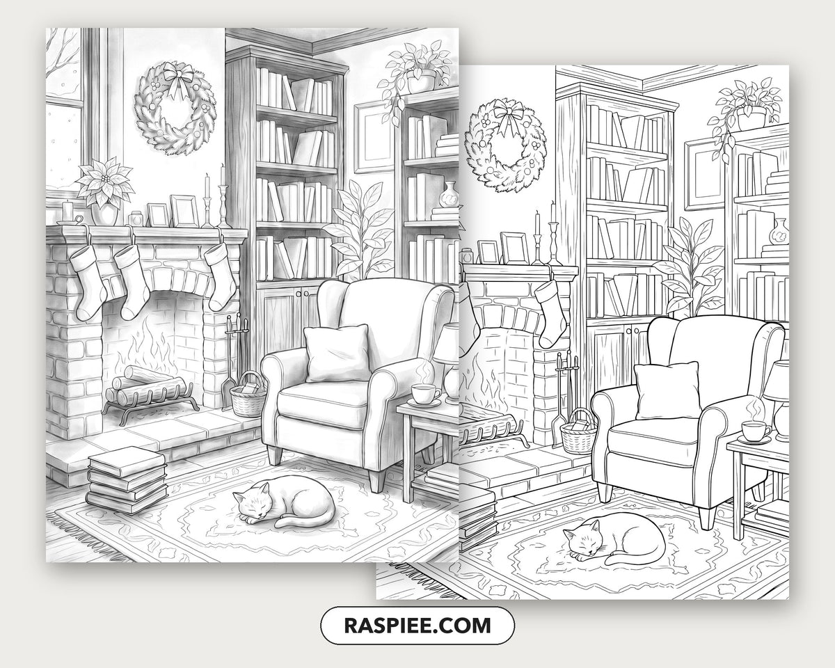 40 Cozy Bookshelves and Reading Nooks Grayscale and Line Art Coloring Pages