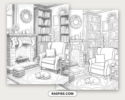 40 Cozy Bookshelves and Reading Nooks Grayscale and Line Art Coloring Pages