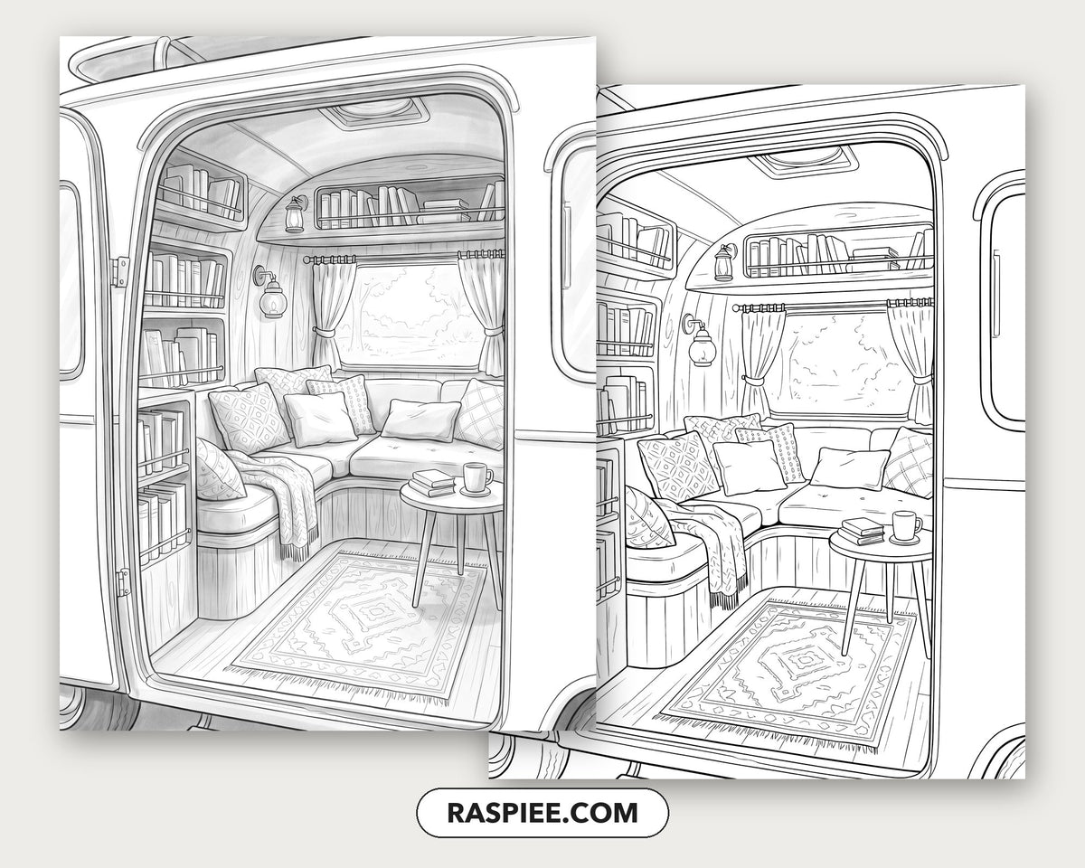 40 Cozy Bookshelves and Reading Nooks Grayscale and Line Art Coloring Pages