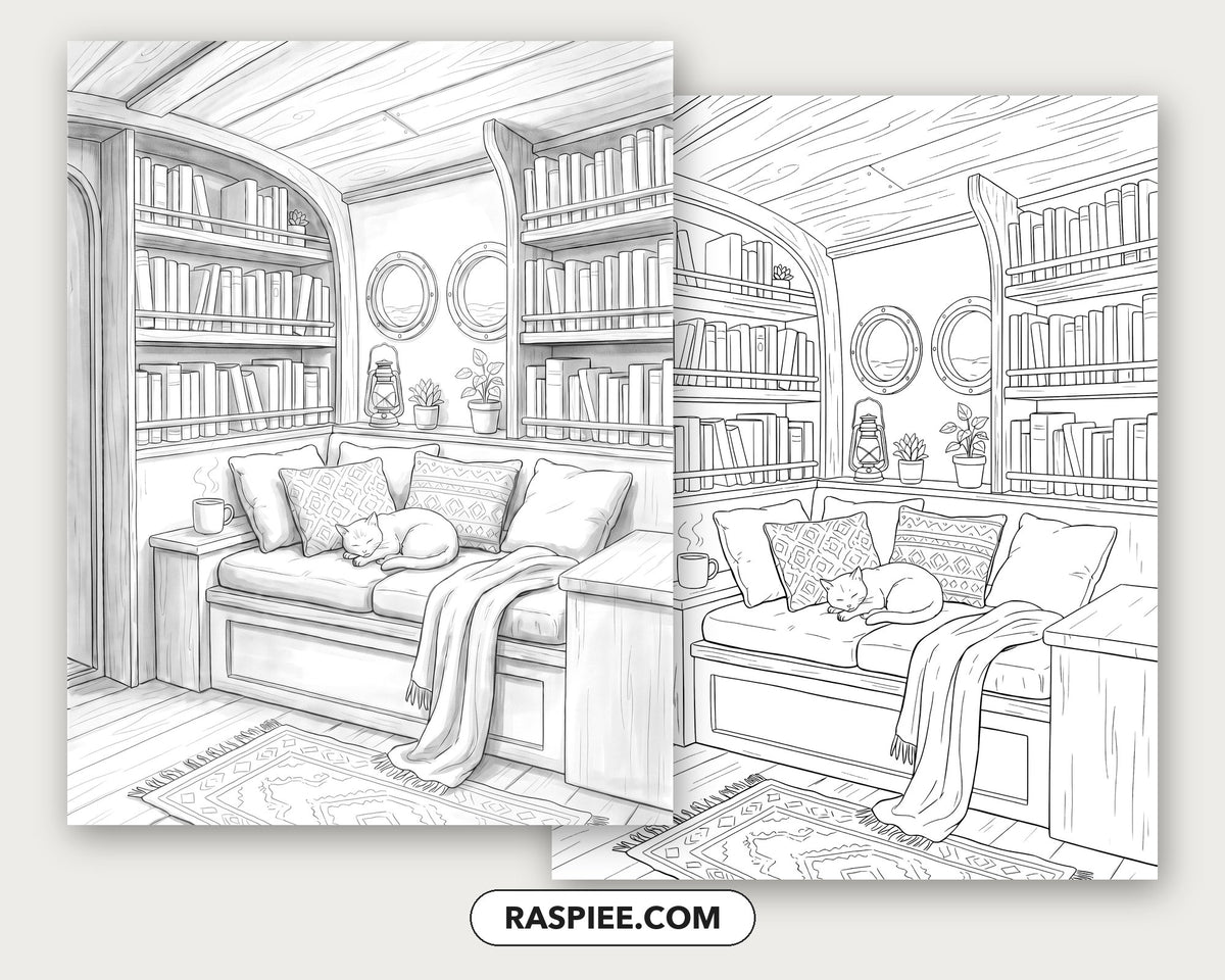 40 Cozy Bookshelves and Reading Nooks Grayscale and Line Art Coloring Pages