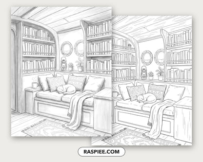 40 Cozy Bookshelves and Reading Nooks Grayscale and Line Art Coloring Pages