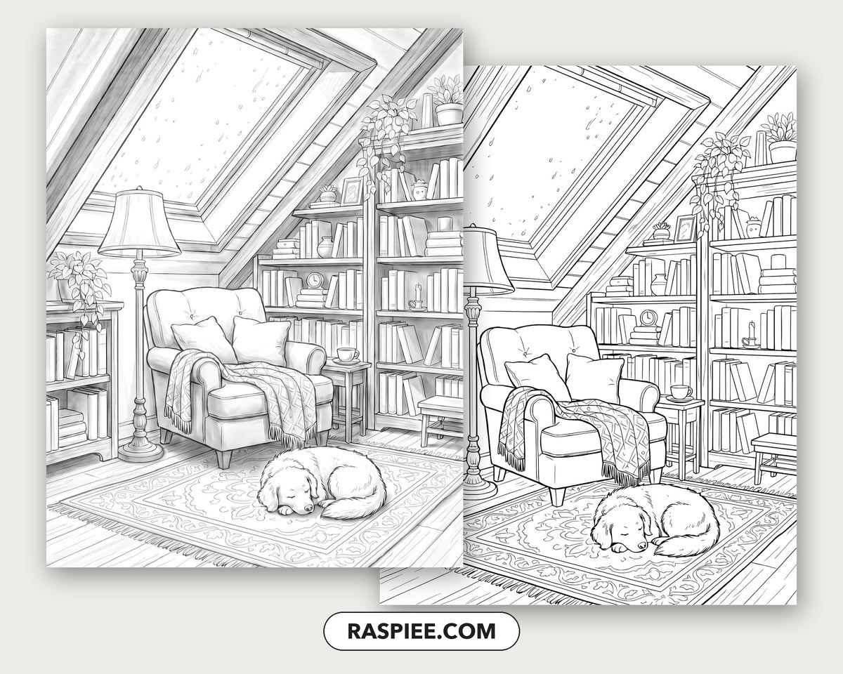 40 Cozy Bookshelves and Reading Nooks Grayscale and Line Art Coloring Pages