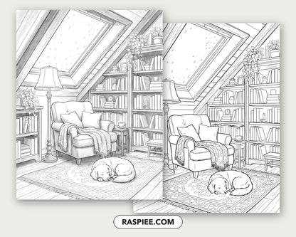 40 Cozy Bookshelves and Reading Nooks Grayscale and Line Art Coloring Pages