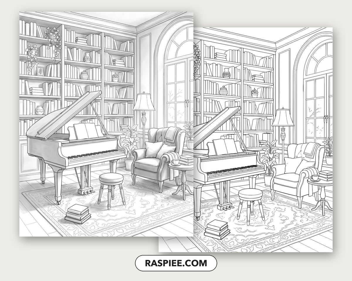 40 Cozy Bookshelves and Reading Nooks Grayscale and Line Art Coloring Pages