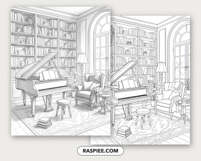 40 Cozy Bookshelves and Reading Nooks Grayscale and Line Art Coloring Pages