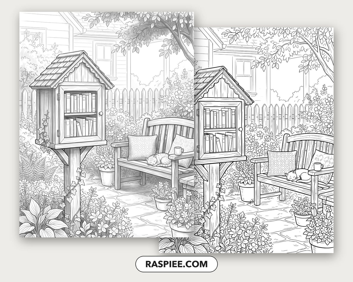 40 Cozy Bookshelves and Reading Nooks Grayscale and Line Art Coloring Pages