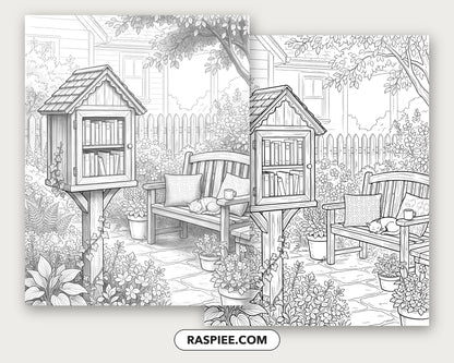 40 Cozy Bookshelves and Reading Nooks Grayscale and Line Art Coloring Pages