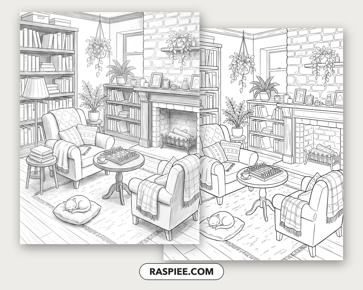 40 Cozy Bookshelves and Reading Nooks Grayscale and Line Art Coloring Pages