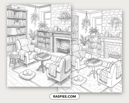 40 Cozy Bookshelves and Reading Nooks Grayscale and Line Art Coloring Pages
