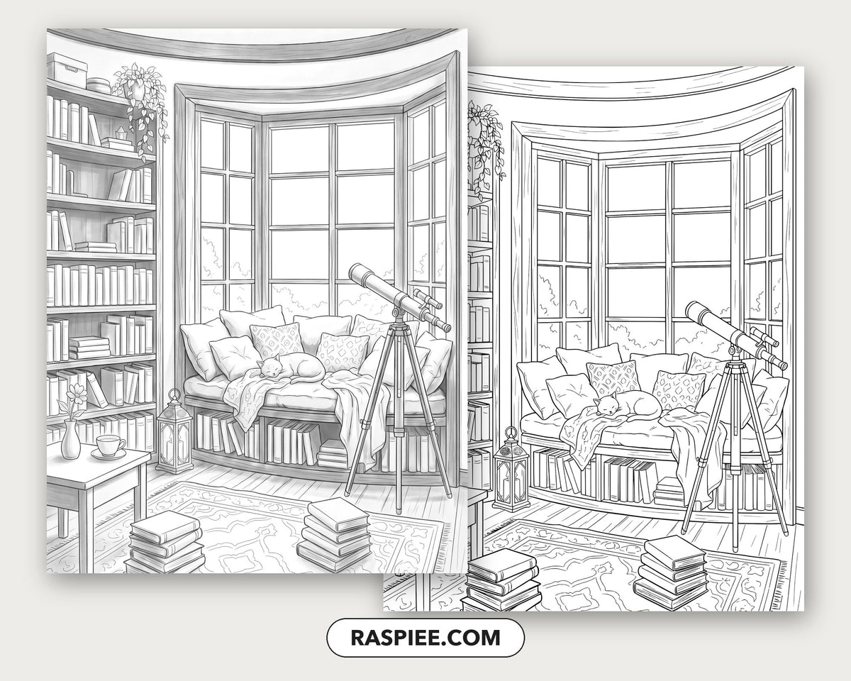 40 Cozy Bookshelves and Reading Nooks Grayscale and Line Art Coloring Pages
