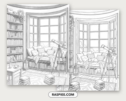 40 Cozy Bookshelves and Reading Nooks Grayscale and Line Art Coloring Pages