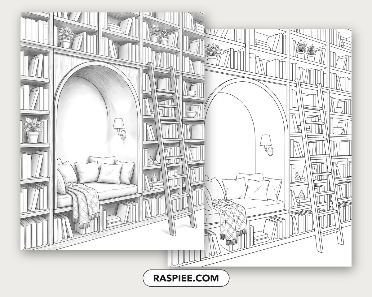 40 Cozy Bookshelves and Reading Nooks Grayscale and Line Art Coloring Pages