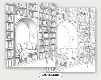 40 Cozy Bookshelves and Reading Nooks Grayscale and Line Art Coloring Pages