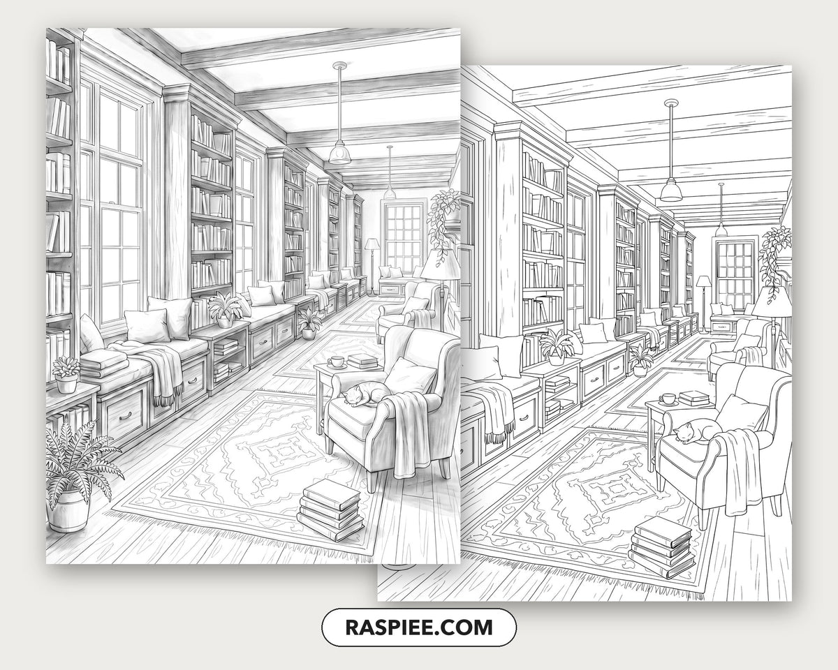 40 Cozy Bookshelves and Reading Nooks Grayscale and Line Art Coloring Pages
