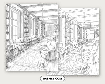 40 Cozy Bookshelves and Reading Nooks Grayscale and Line Art Coloring Pages