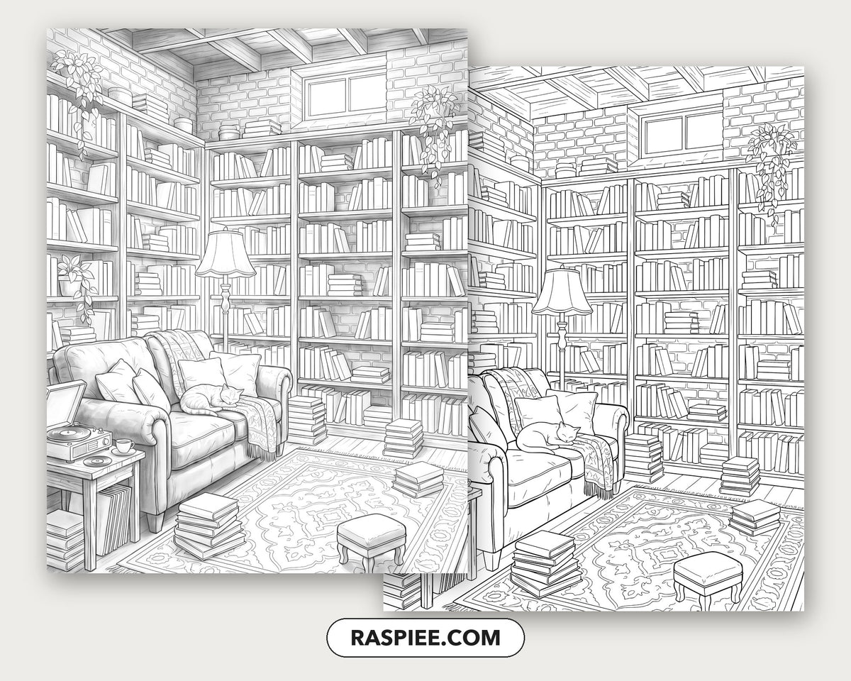 40 Cozy Bookshelves and Reading Nooks Grayscale and Line Art Coloring Pages
