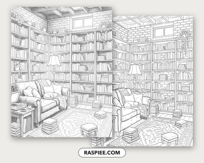 40 Cozy Bookshelves and Reading Nooks Grayscale and Line Art Coloring Pages