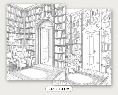 40 Cozy Bookshelves and Reading Nooks Grayscale and Line Art Coloring Pages