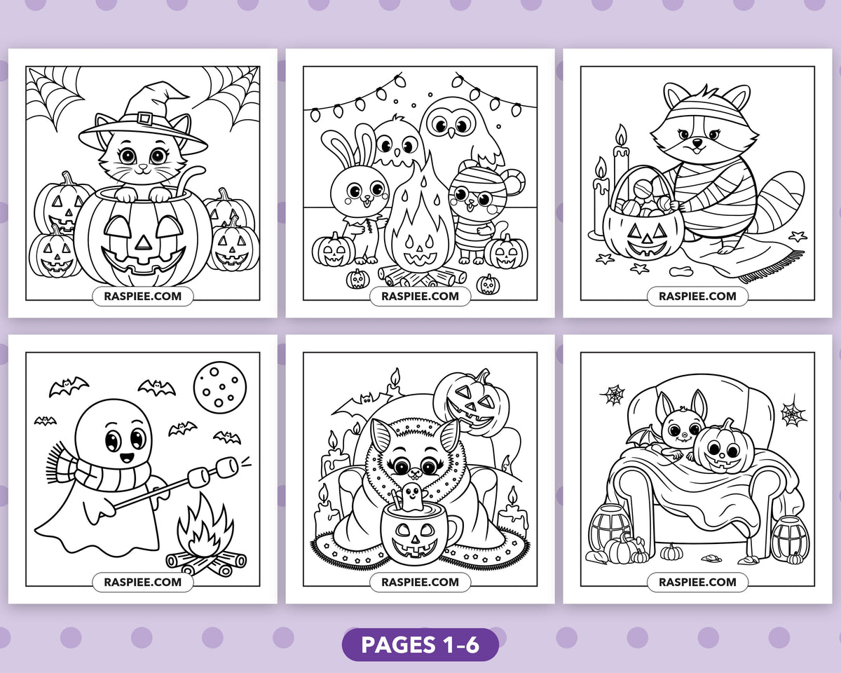 Spooky Times Halloween Animal bold and easy coloring pages, sample sheet 1