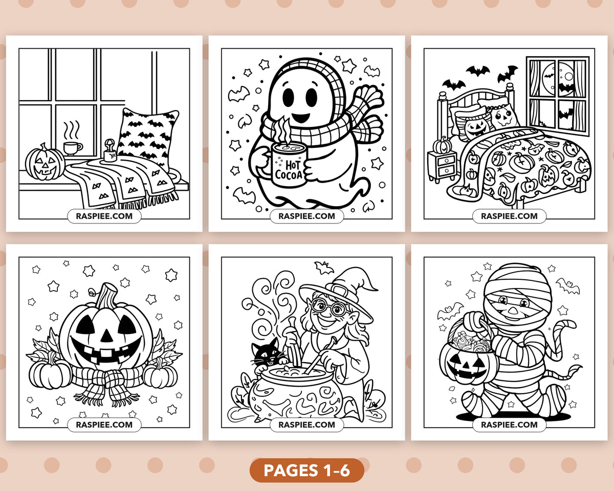 Cozy Halloween bold and easy coloring pages, sample sheet 1