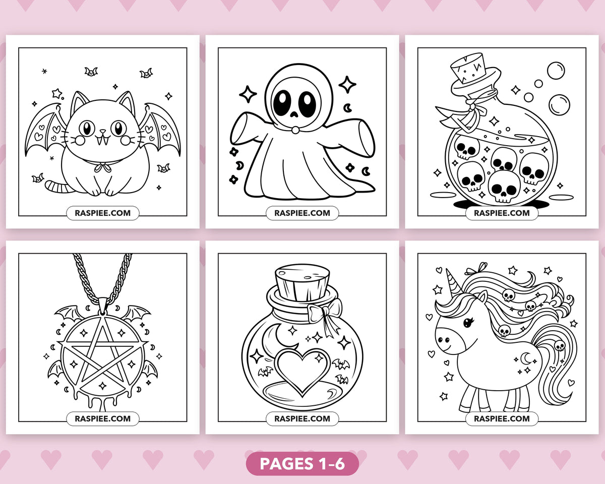 Creepy Kawaii Pastel Goth bold and easy coloring pages, sample sheet 1