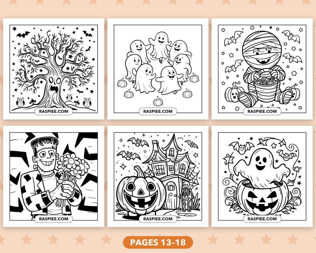 Cute Halloween bold and easy coloring pages, pages 13-18
