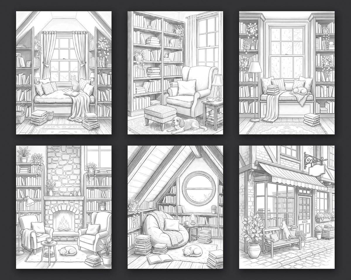 40 Cozy Bookshelves and Reading Nooks Grayscale and Line Art Coloring Pages