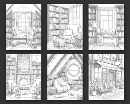 40 Cozy Bookshelves and Reading Nooks Grayscale and Line Art Coloring Pages