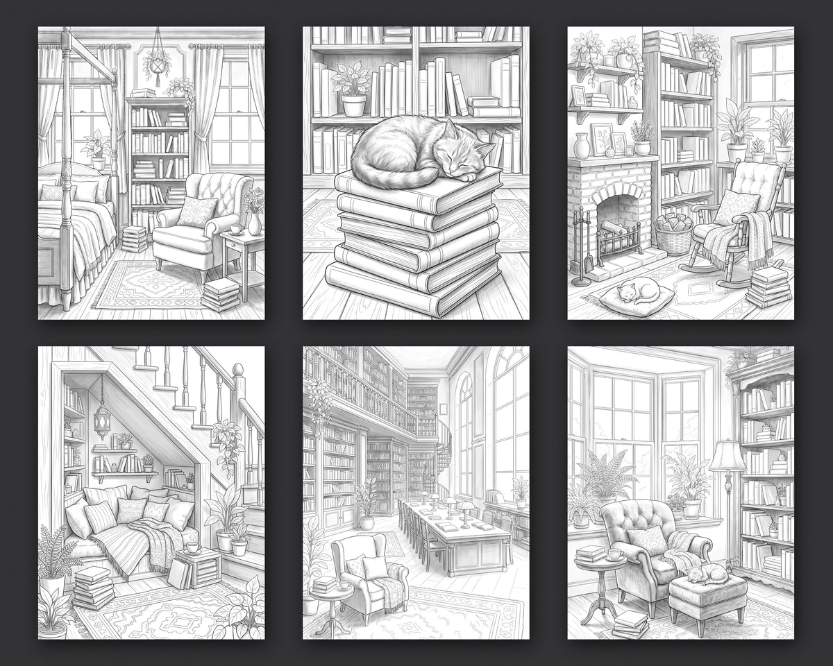 40 Cozy Bookshelves and Reading Nooks Grayscale and Line Art Coloring Pages