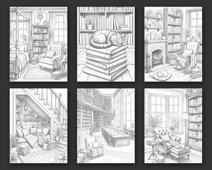 40 Cozy Bookshelves and Reading Nooks Grayscale and Line Art Coloring Pages